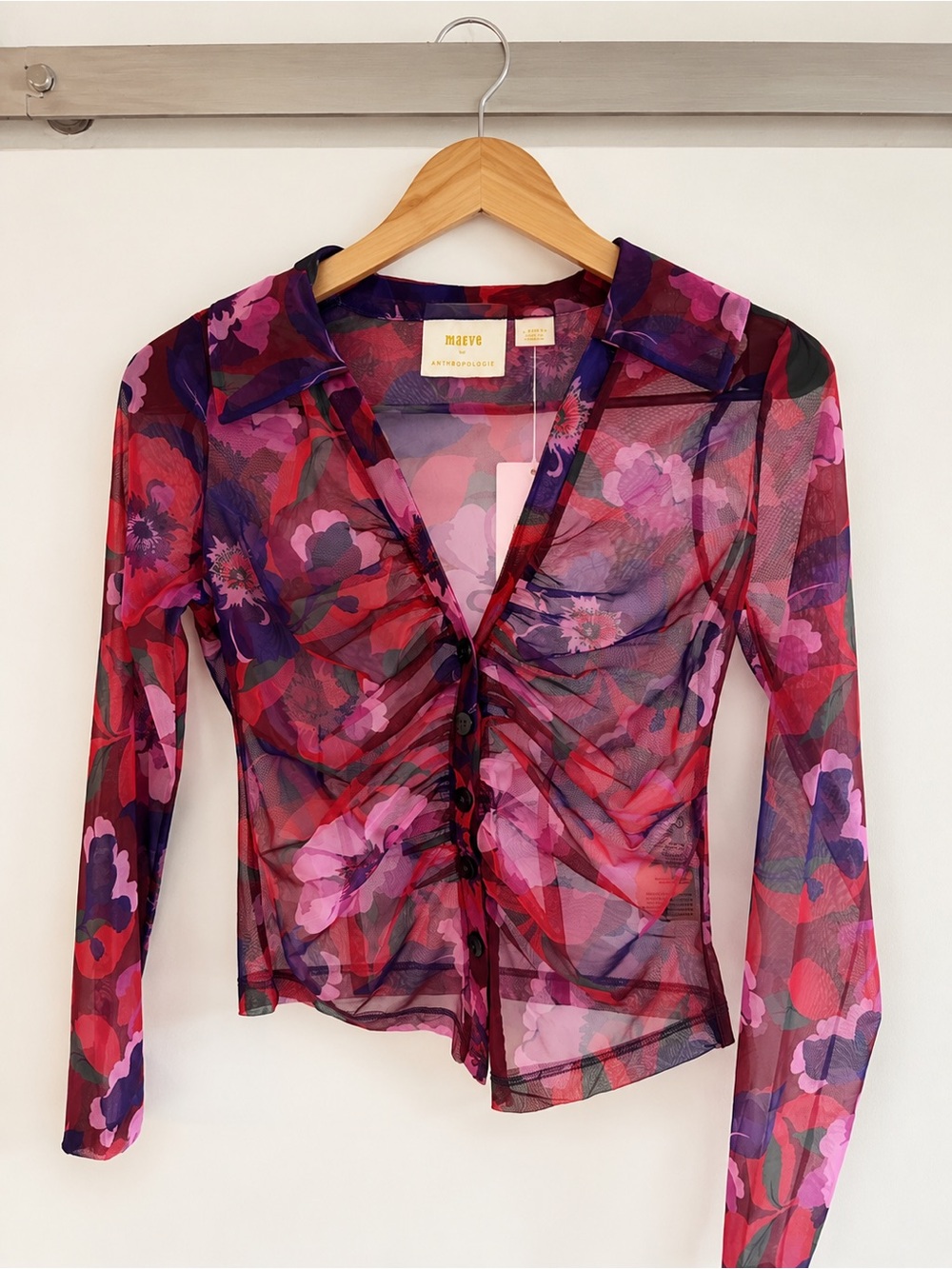 Maeve Sheer Floral Ruched Button-Front Blouse in Pink and Purple